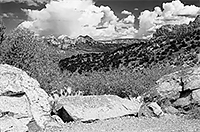 White fluffy clouds over black and white mountains with light colored rocks in the foreground
