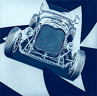 1930s hot rod on a checkered roadway digitally created